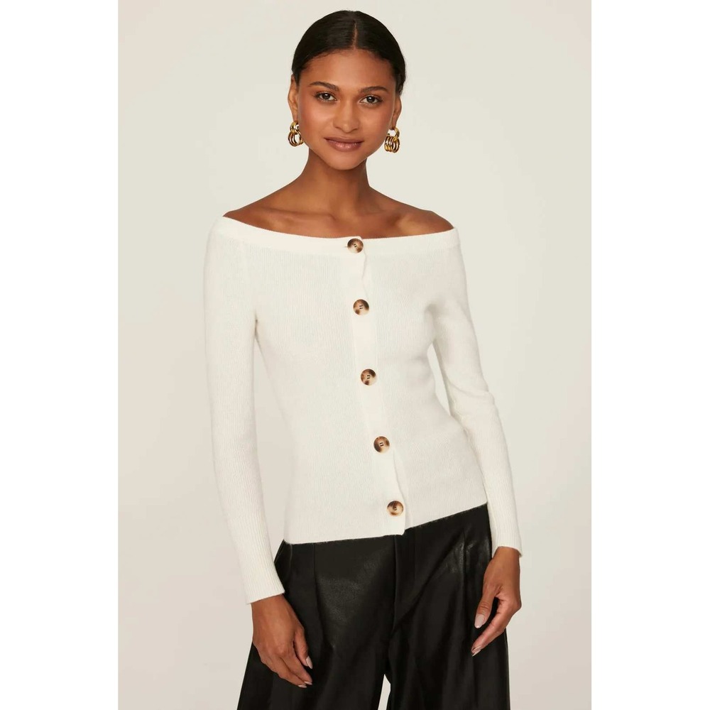 NAADAM Off Shoulder Cardigan Ivory Wool‎ Cashmere Button Front Sweater Sz M